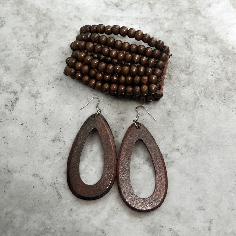 Brown Wooden Earrings and Bracelet Set